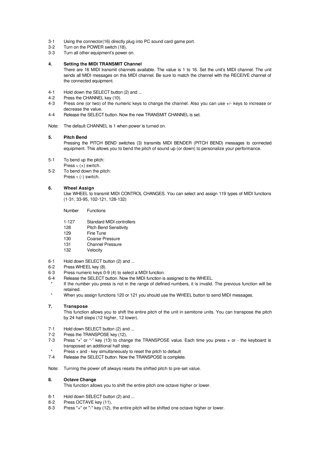 Evolution Technologies MK-7 manual Setting the Midi Transmit Channel, Pitch Bend, Wheel Assign, Transpose, Octave Change 