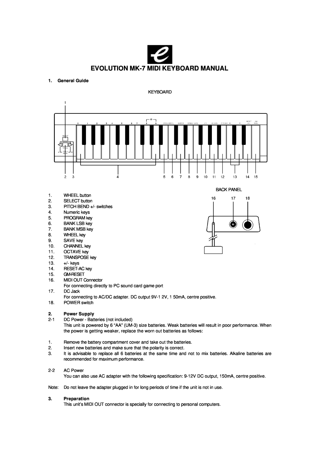 Evolution Technologies manual General Guide, Power Supply, Preparation, EVOLUTION MK-7 MIDI KEYBOARD MANUAL 