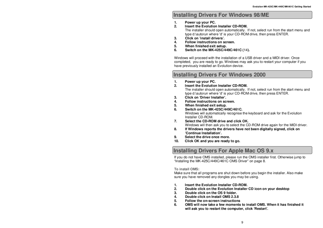 Evolution Technologies MK-425C, MK461C, MK-449C Installing Drivers For Windows 98/ME, Installing Drivers For Apple Mac OS 