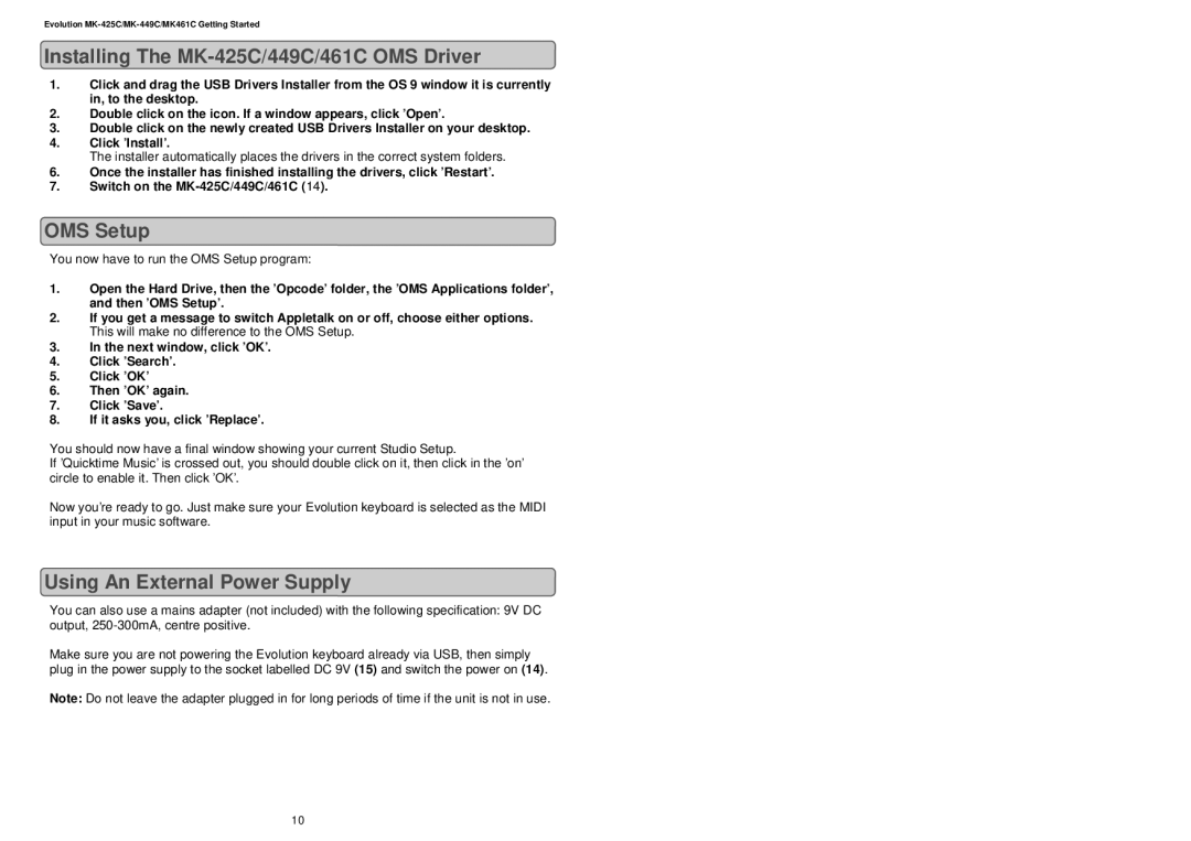 Evolution Technologies MK-449C Installing The MK-425C/449C/461C OMS Driver, OMS Setup, Using An External Power Supply 
