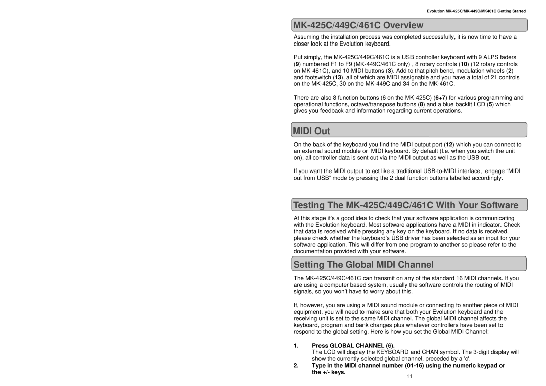 Evolution Technologies MK461C manual MK-425C/449C/461C Overview, Midi Out, Testing The MK-425C/449C/461C With Your Software 