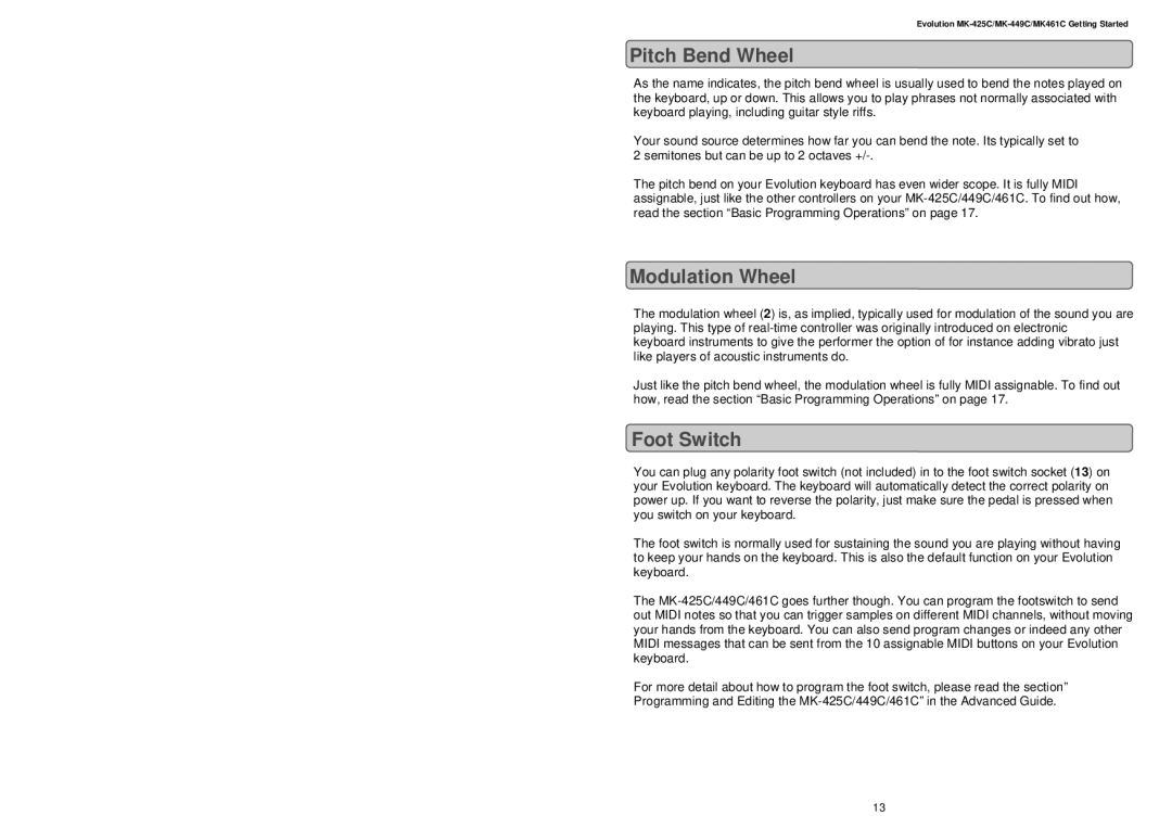 Evolution Technologies MK-449C, MK461C, MK-425C manual Pitch Bend Wheel, Modulation Wheel, Foot Switch 