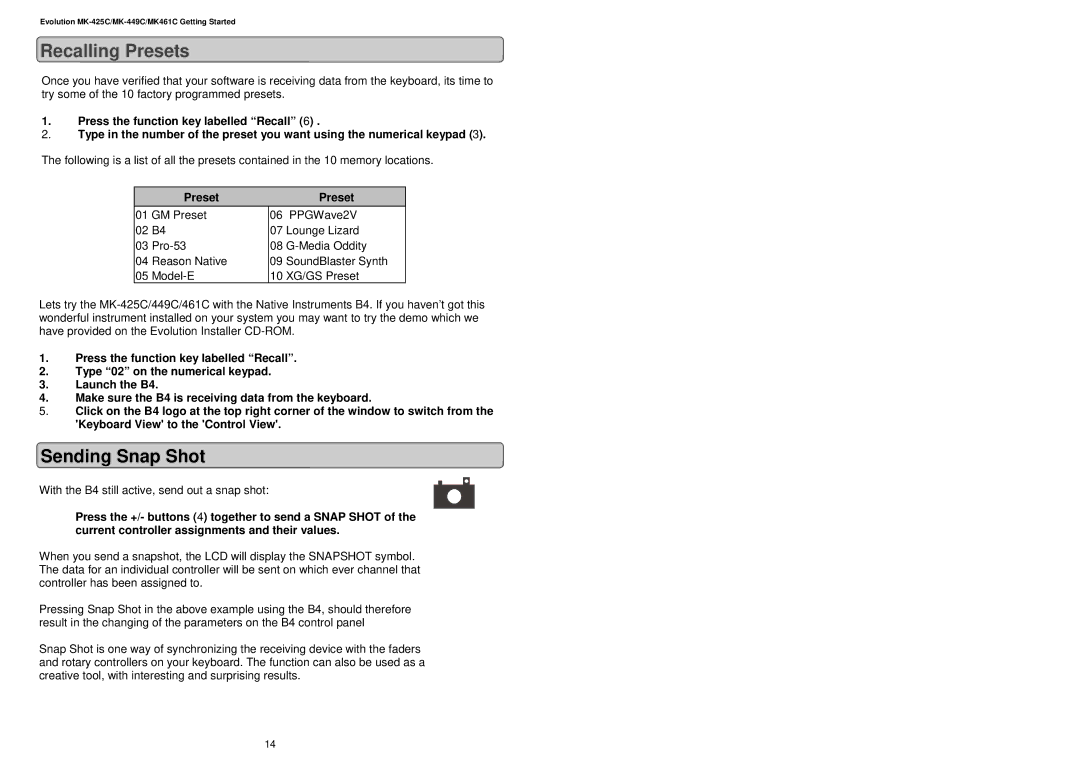 Evolution Technologies MK461C, MK-425C, MK-449C manual Recalling Presets 