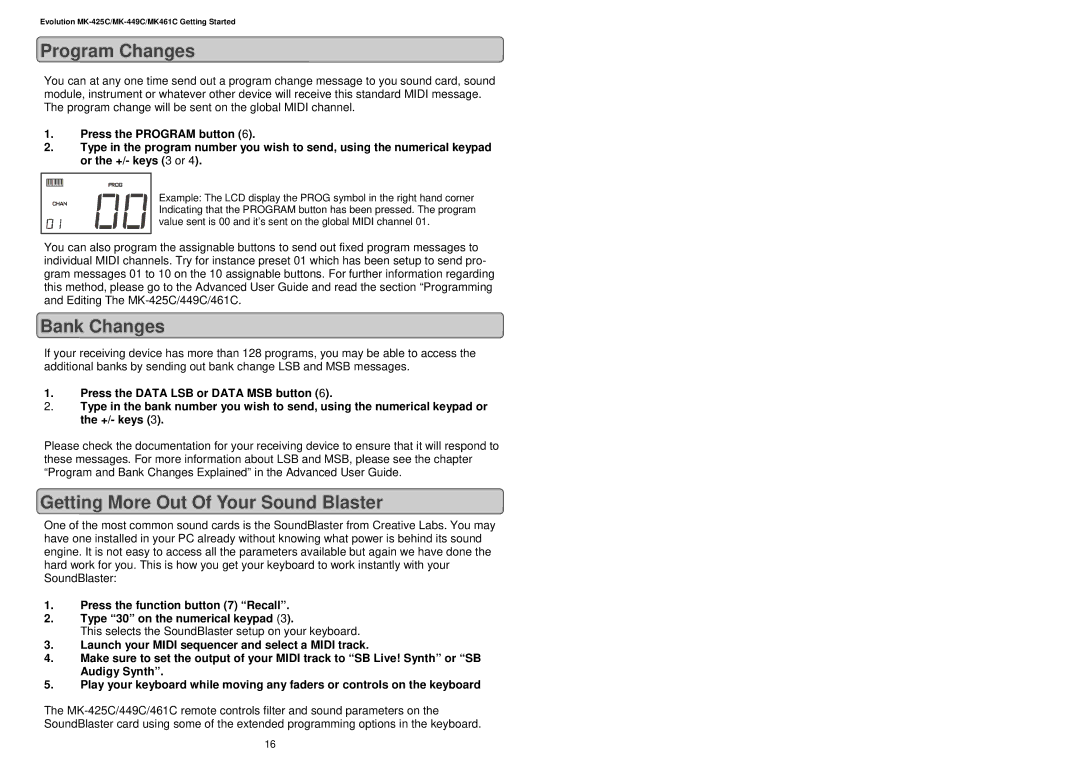 Evolution Technologies MK-449C, MK461C, MK-425C manual Program Changes, Bank Changes, Getting More Out Of Your Sound Blaster 