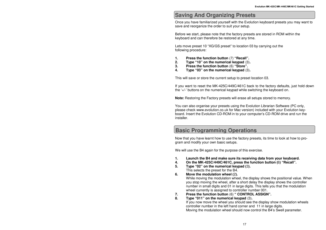 Evolution Technologies MK461C, MK-425C, MK-449C manual Saving And Organizing Presets, Basic Programming Operations 