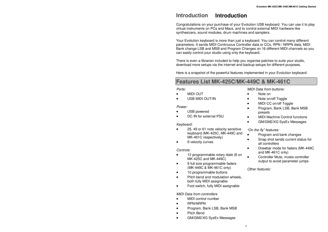 Evolution Technologies MK461C manual Introduction Introduction, Features List MK-425C/MK-449C & MK-461C 