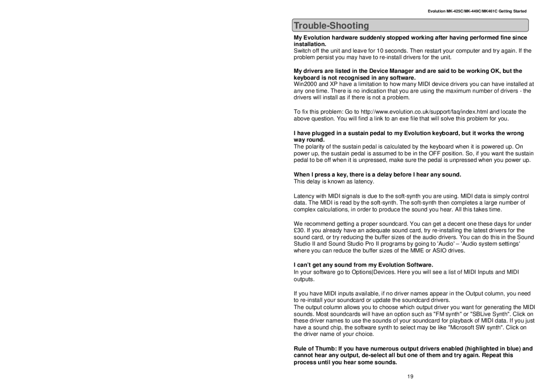 Evolution Technologies MK-449C, MK461C, MK-425C manual Trouble-Shooting, Can’t get any sound from my Evolution Software 