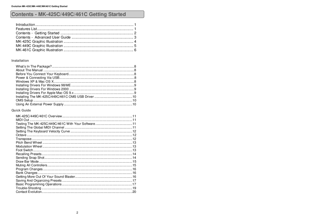 Evolution Technologies MK461C, MK-449C manual Contents MK-425C/449C/461C Getting Started 