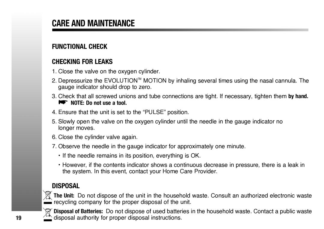 Evolution Technologies OM-900M manual Functional Check Checking for Leaks, Disposal 