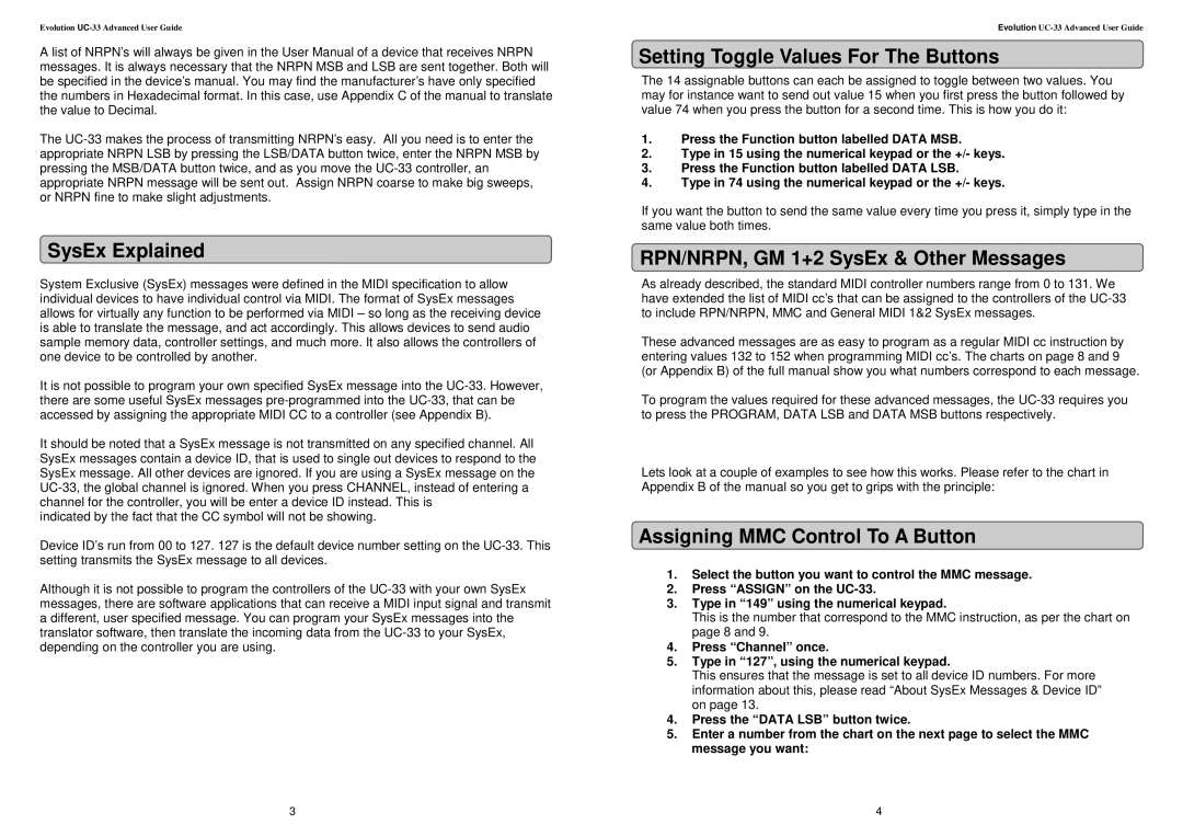 Evolution Technologies UC-33 SysEx Explained, Setting Toggle Values For The Buttons, Assigning MMC Control To a Button 