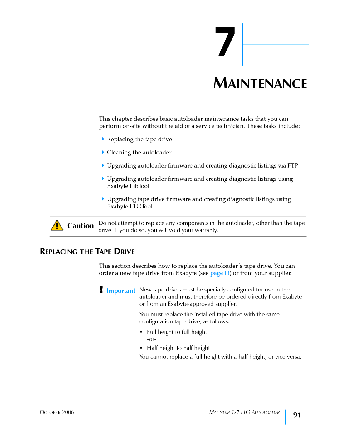 Exabyte 1X7 LTO manual Maintenance, Replacing the Tape Drive 