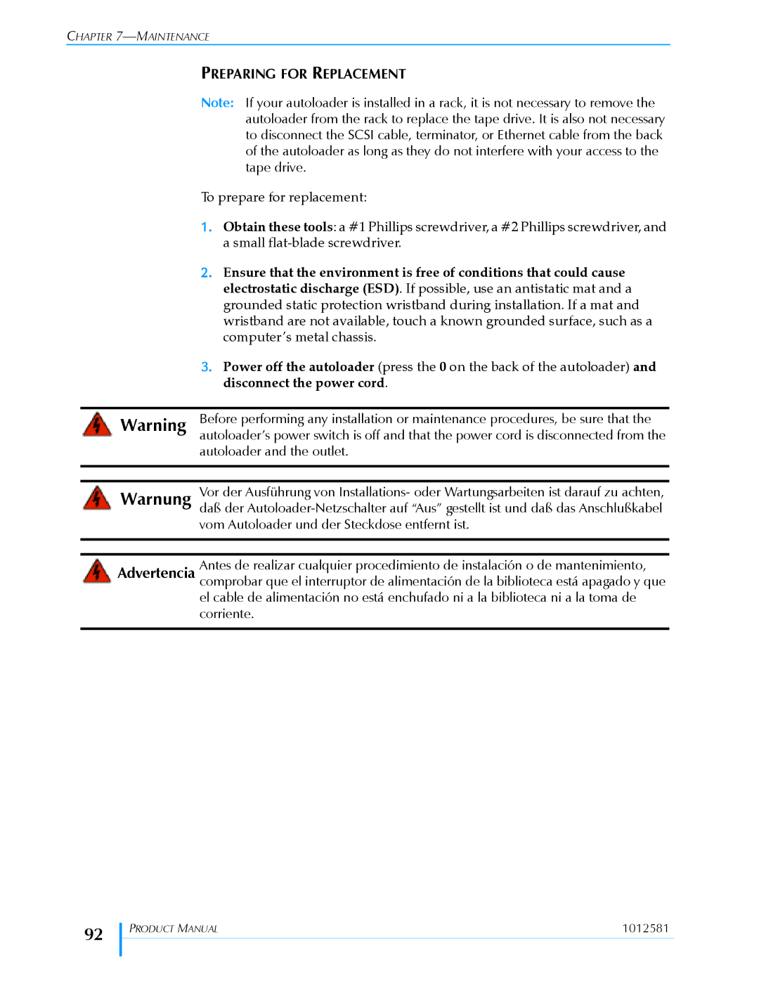 Exabyte 1X7 LTO manual Preparing for Replacement, Autoloader and the outlet 