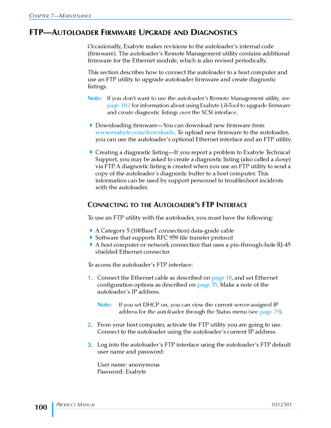 Exabyte 1X7 LTO manual 100, FTP-AUTOLOADER Firmware Upgrade and Diagnostics, Connecting to the AUTOLOADER’S FTP Interface 