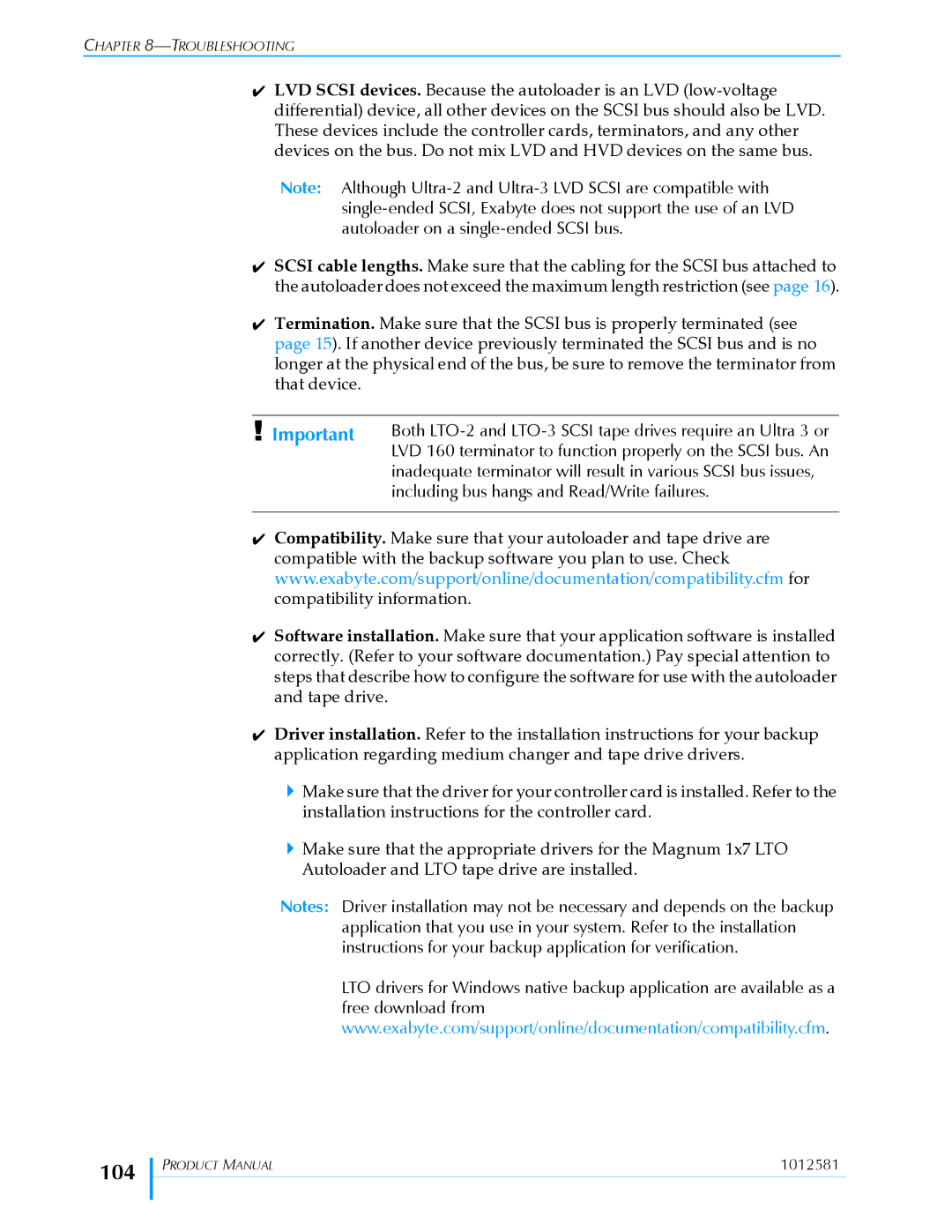 Exabyte 1X7 LTO manual 104, Including bus hangs and Read/Write failures 