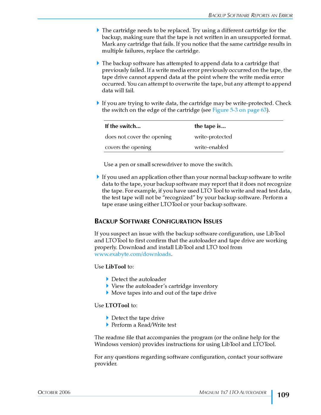 Exabyte 1X7 LTO manual 109, Backup Software Configuration Issues 