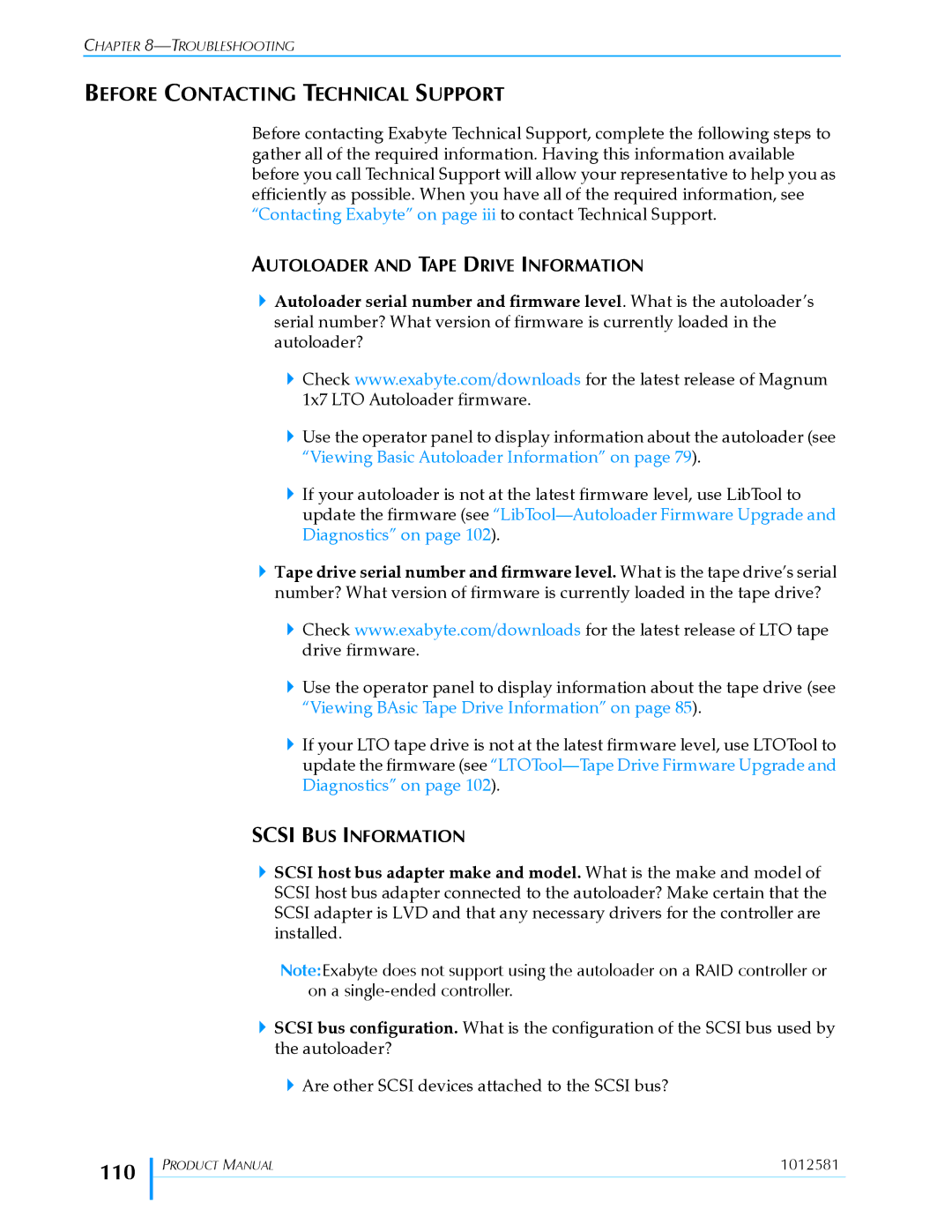 Exabyte 1X7 LTO 110, Before Contacting Technical Support, Autoloader and Tape Drive Information, Scsi BUS Information 