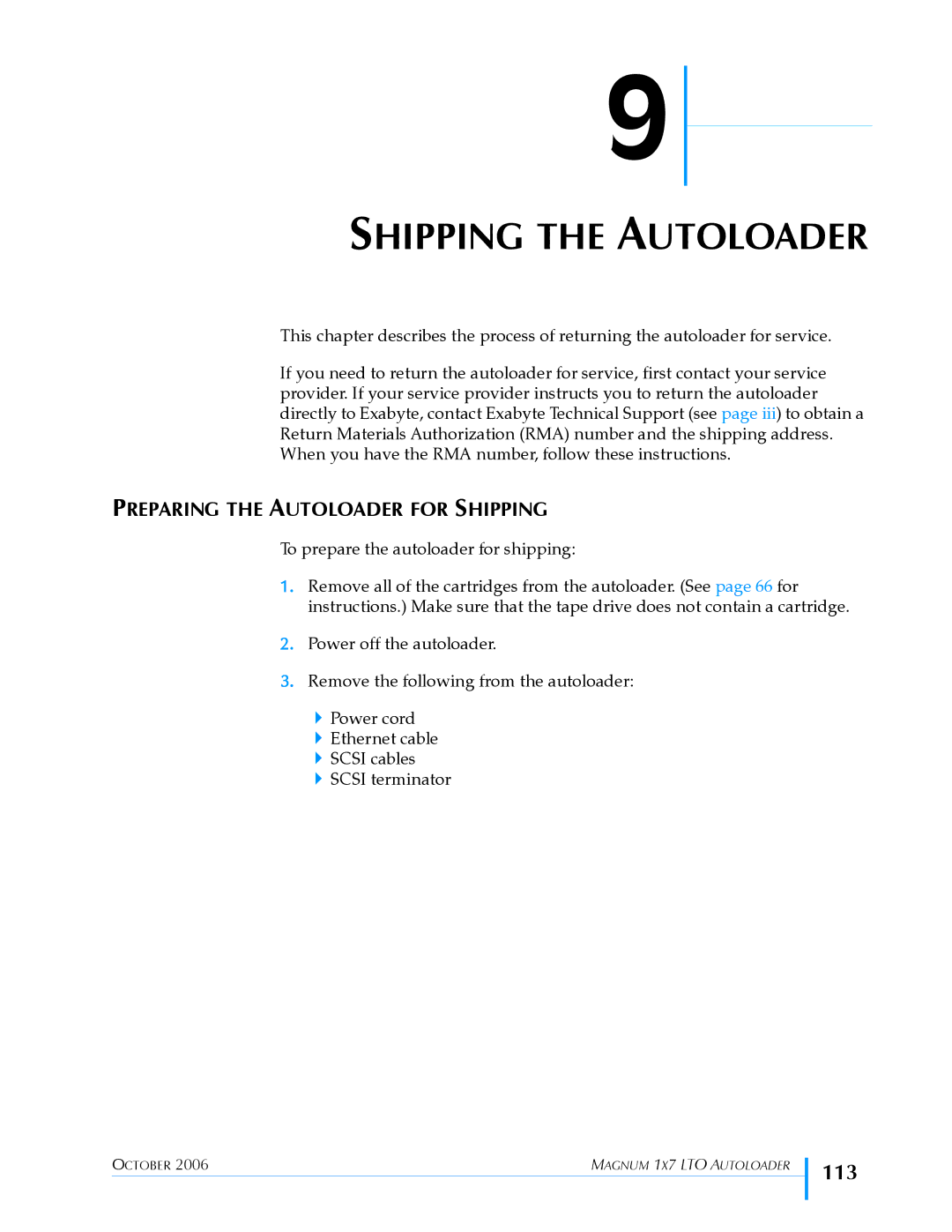 Exabyte 1X7 LTO manual Shipping the Autoloader, 113, Preparing the Autoloader for Shipping 