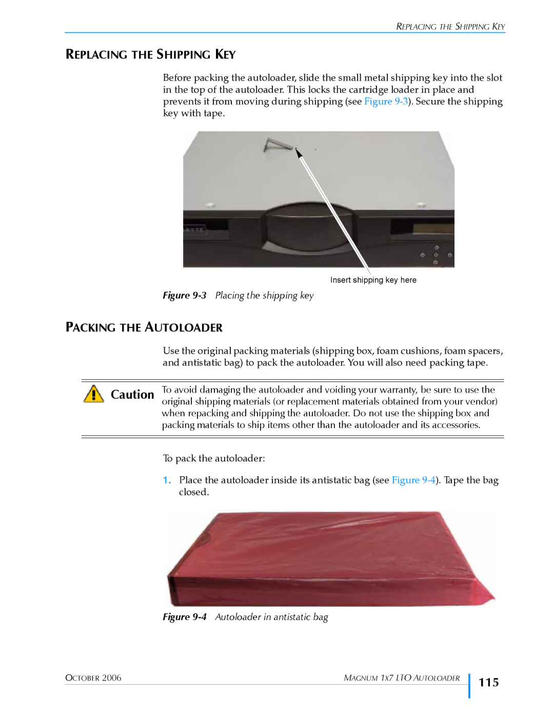 Exabyte 1X7 LTO manual 115, Replacing the Shipping KEY, Packing the Autoloader 