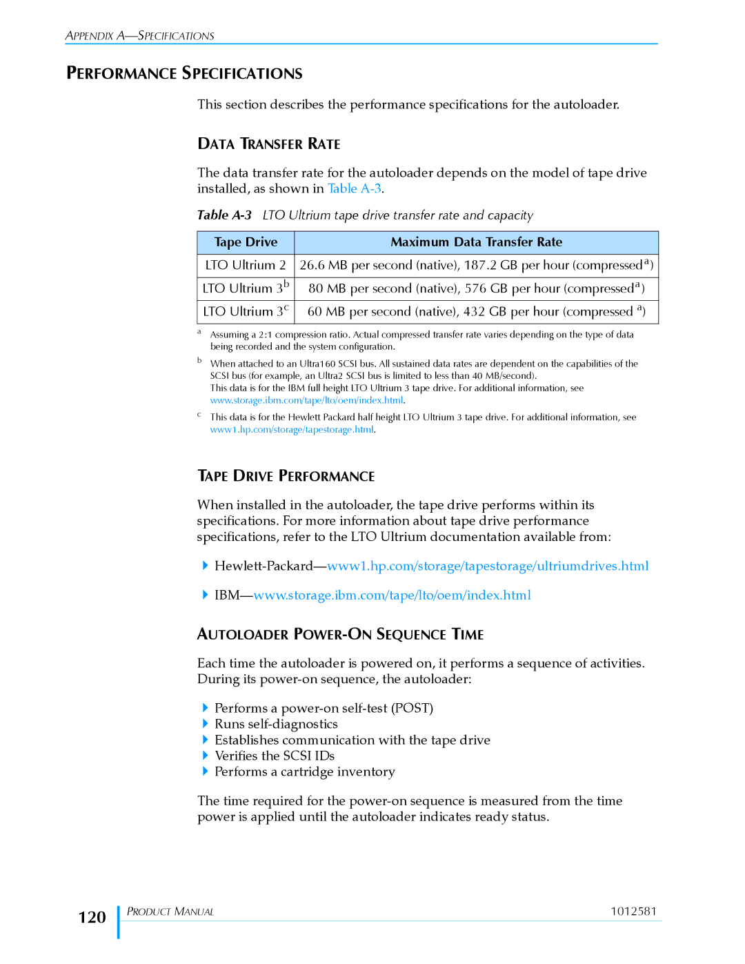 Exabyte 1X7 LTO manual 120, Performance Specifications, Data Transfer Rate, Tape Drive Performance 