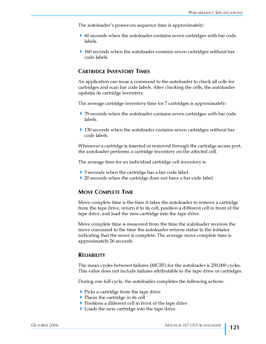 Exabyte 1X7 LTO manual 121, Cartridge Inventory Times, Move Complete Time, Reliability 