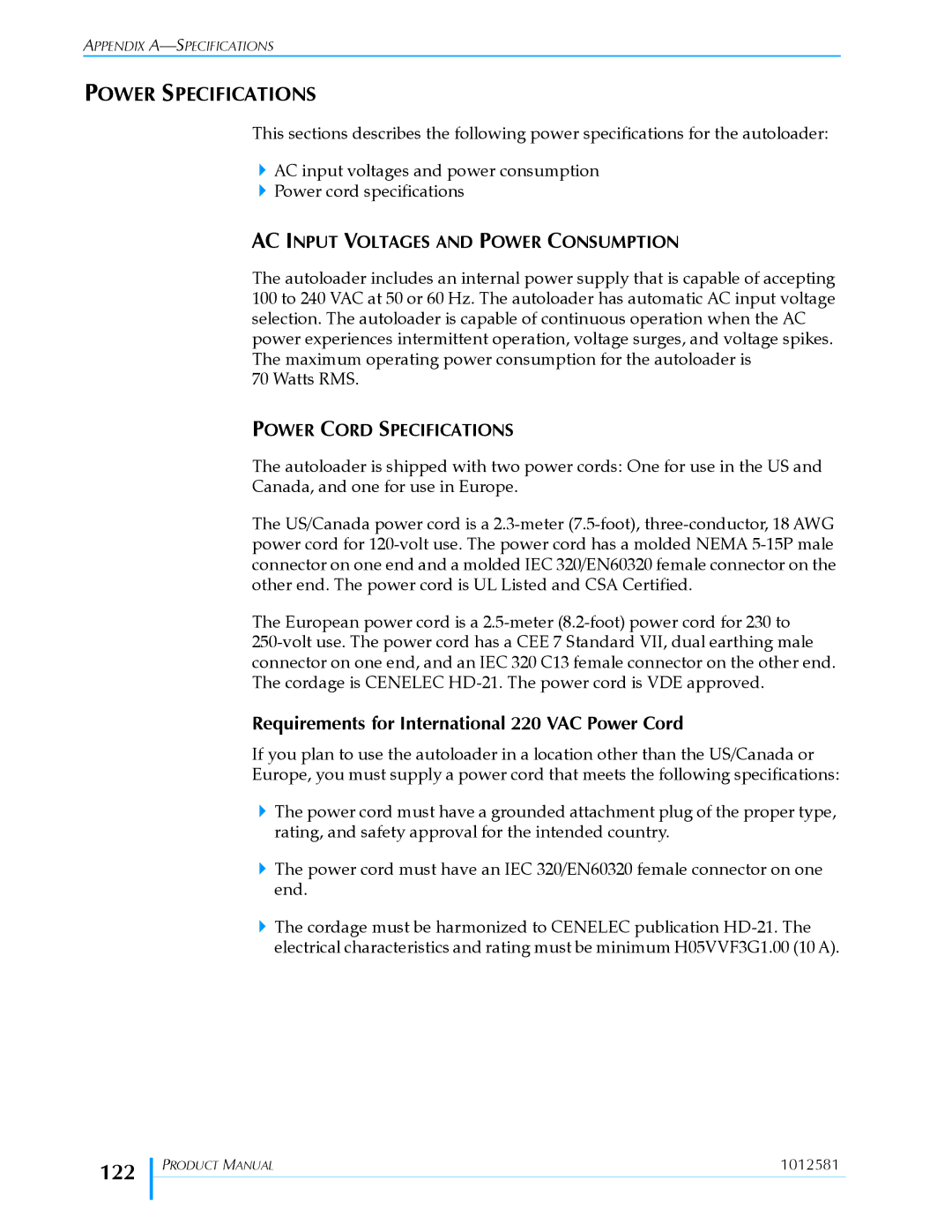 Exabyte 1X7 LTO 122, Power Specifications, Requirements for International 220 VAC Power Cord, Power Cord Specifications 