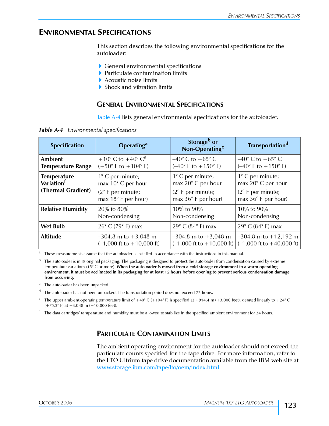 Exabyte 1X7 LTO manual 123, General Environmental Specifications, Particulate Contamination Limits 