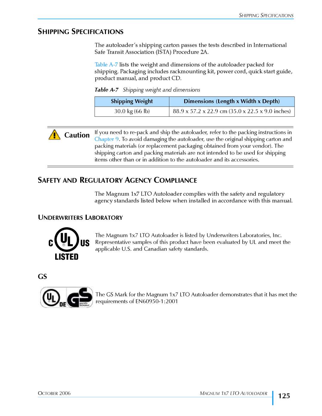 Exabyte 1X7 LTO manual 125, Shipping Specifications, Safety and Regulatory Agency Compliance, Underwriters Laboratory 