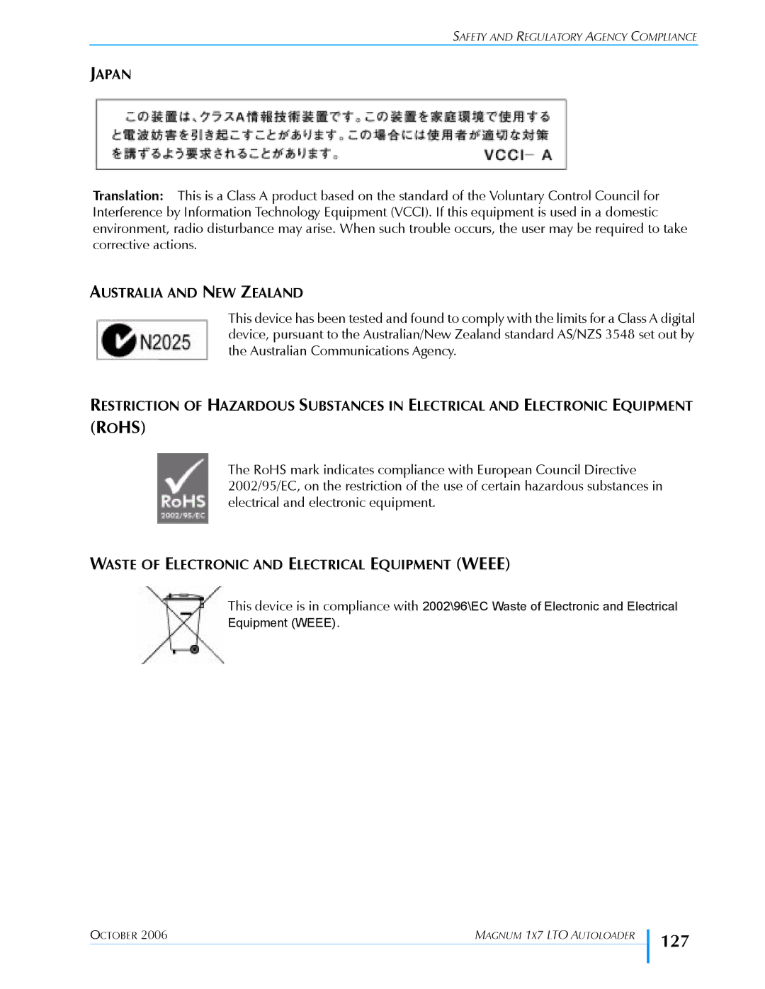 Exabyte 1X7 LTO manual 127, Japan, Australia and NEW Zealand, Waste of Electronic and Electrical Equipment Weee 