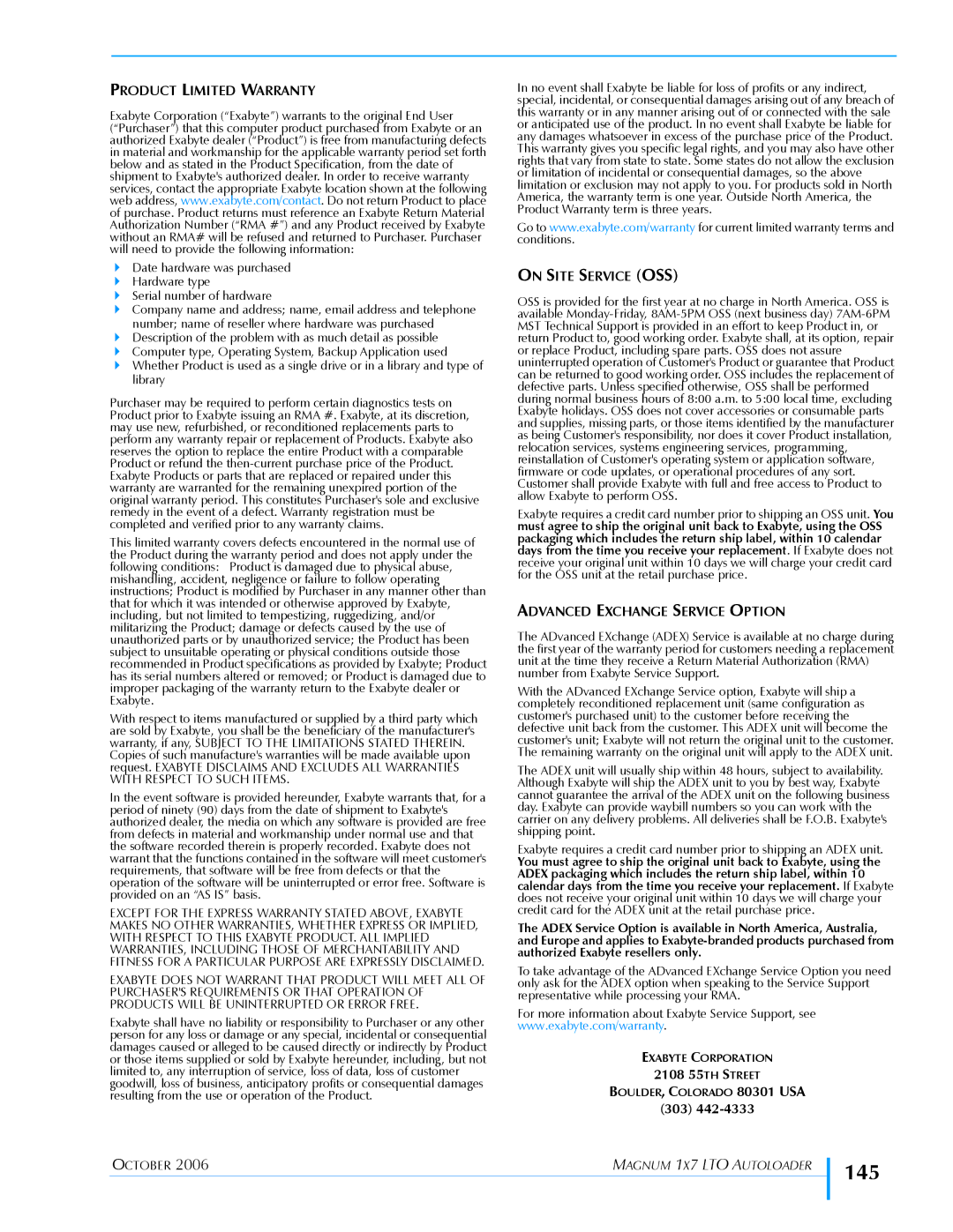 Exabyte 1X7 LTO manual 145, Product Limited Warranty 