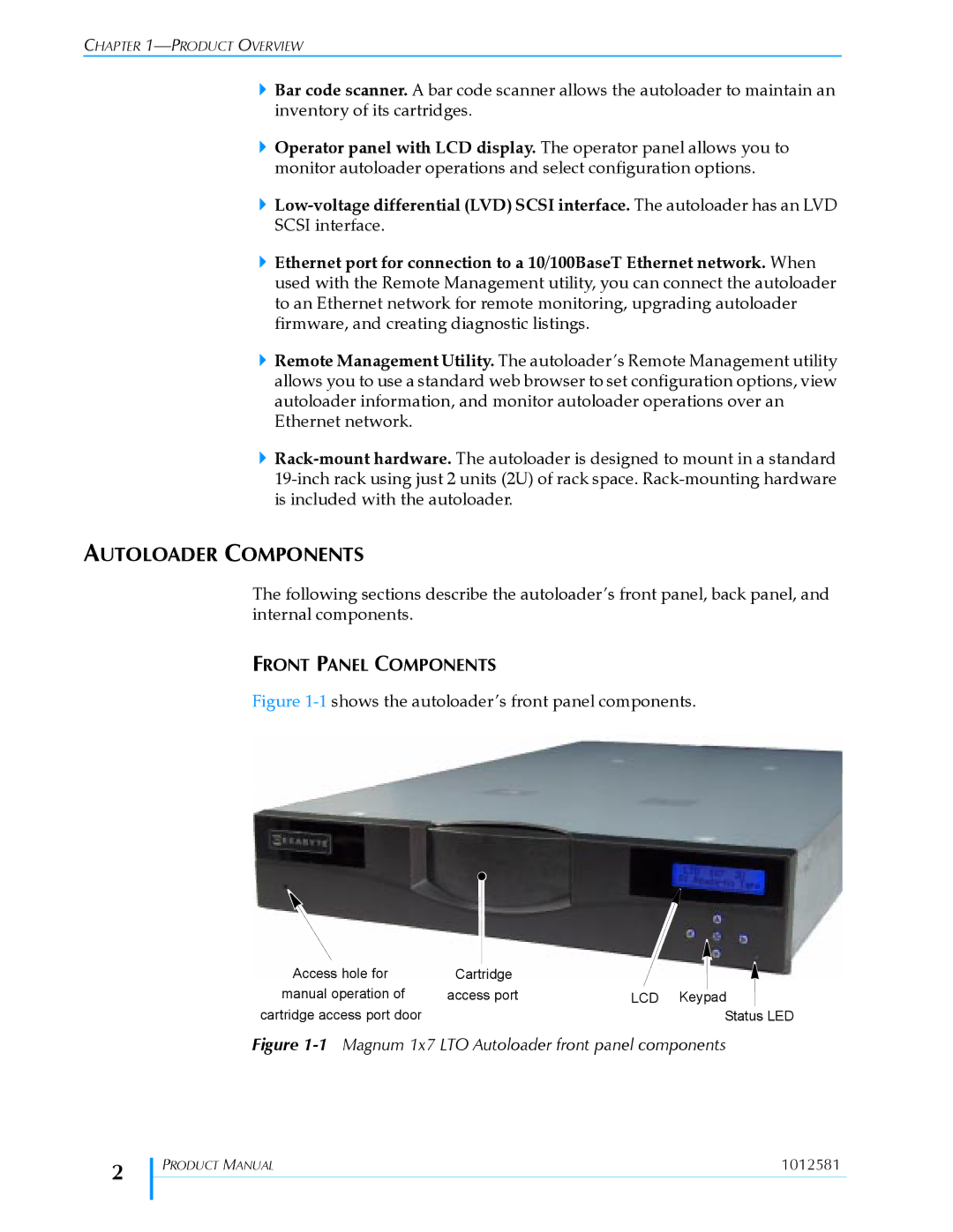 Exabyte 1X7 LTO manual Autoloader Components, Front Panel Components 