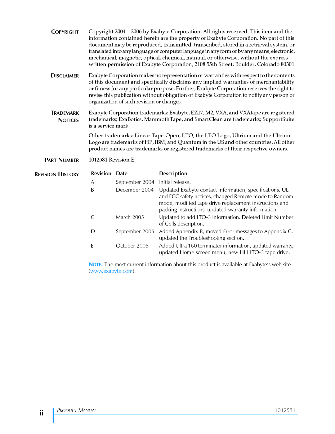 Exabyte 1X7 LTO manual Revision Date 