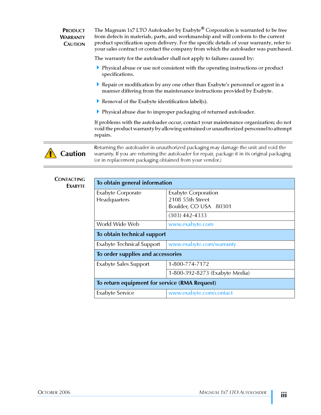 Exabyte 1X7 LTO manual Iii, To obtain general information, To order supplies and accessories 