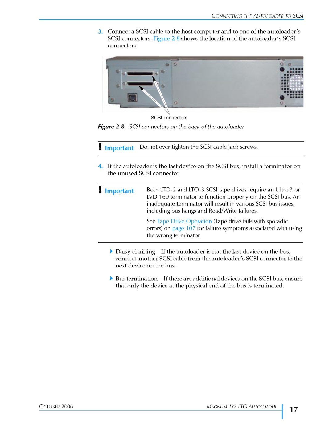 Exabyte 1X7 LTO 8SCSI connectors on the back of the autoloader, Important Do not over-tighten the Scsi cable jack screws 