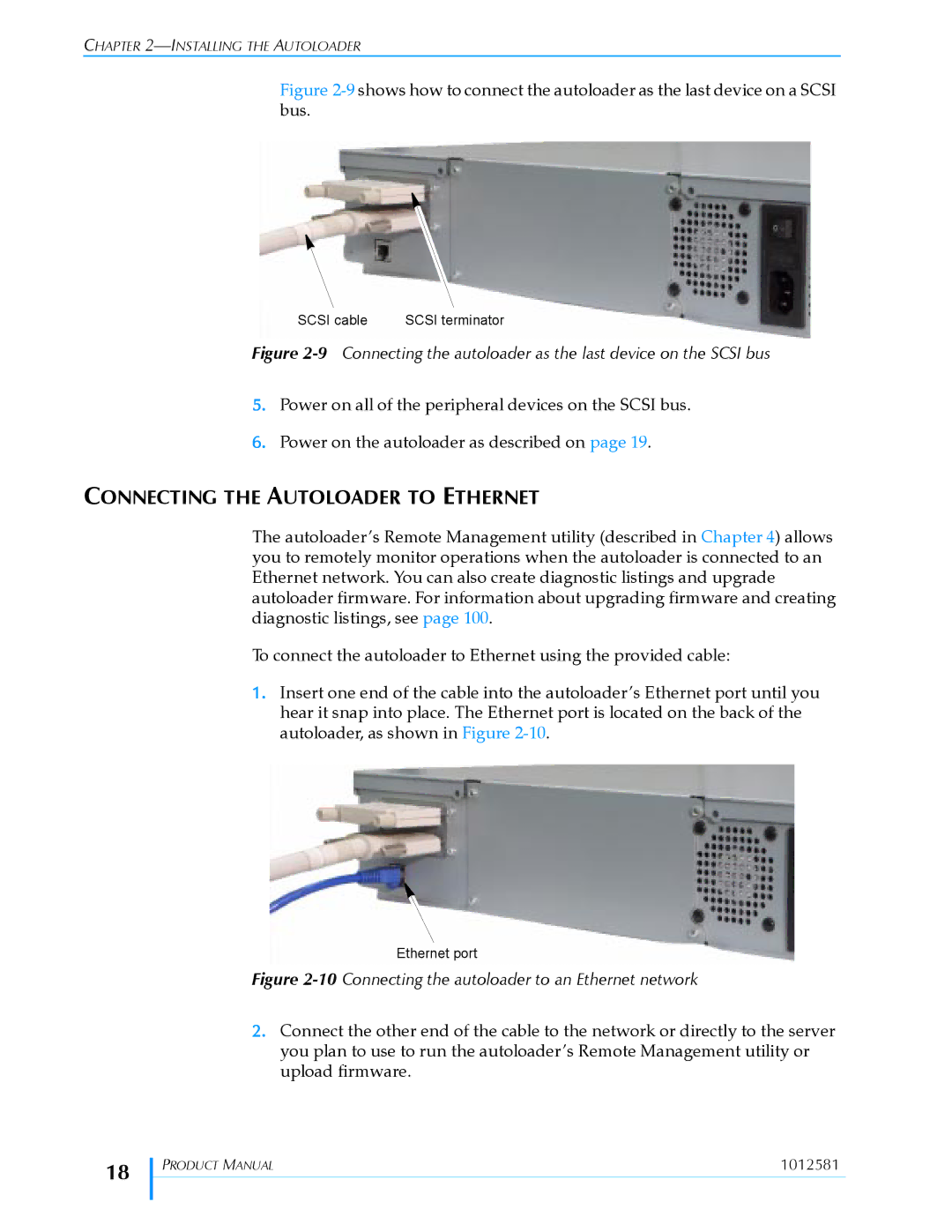 Exabyte 1X7 LTO manual Connecting the Autoloader to Ethernet, 10Connecting the autoloader to an Ethernet network 