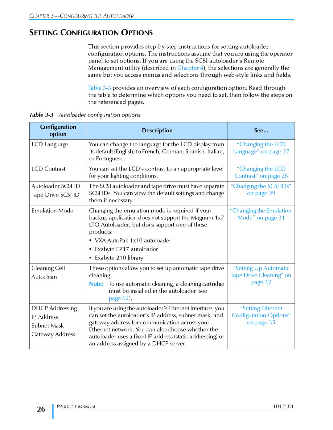 Exabyte 1X7 LTO manual Setting Configuration Options, Configuration Description See Option 