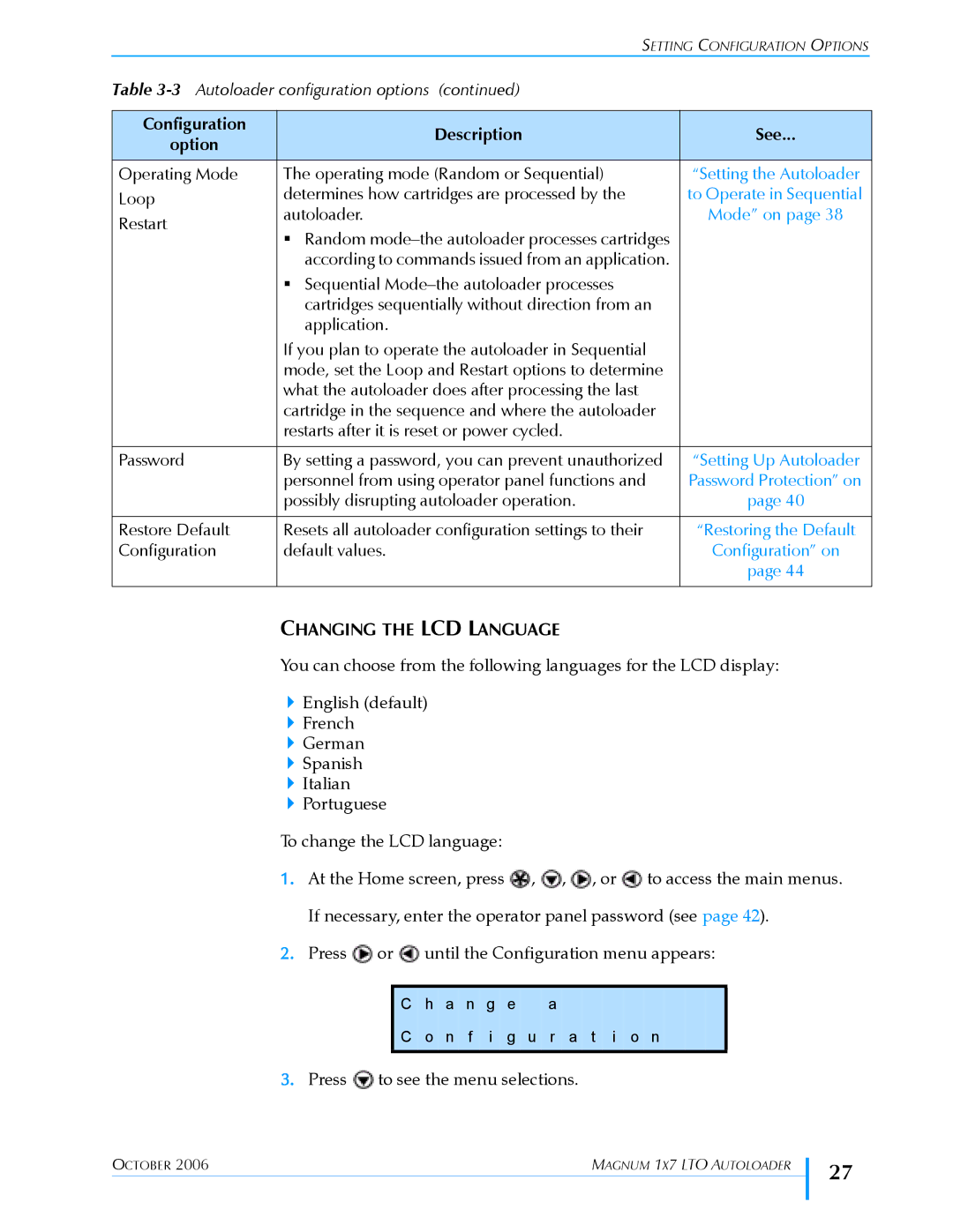 Exabyte 1X7 LTO manual Option, Changing the LCD Language 