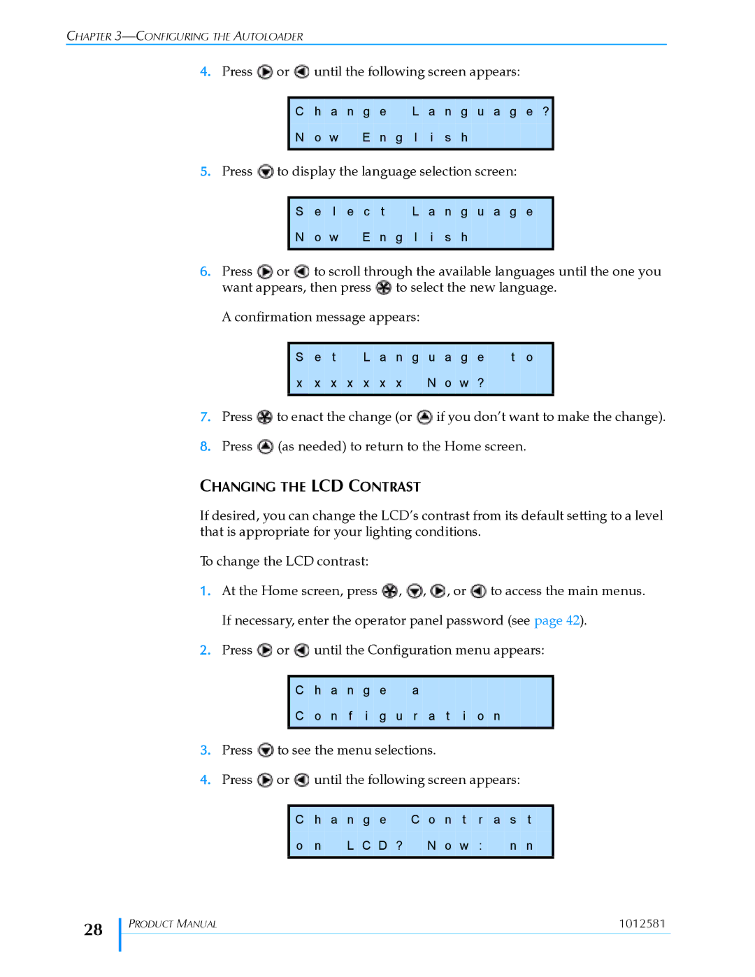 Exabyte 1X7 LTO manual Changing the LCD Contrast 