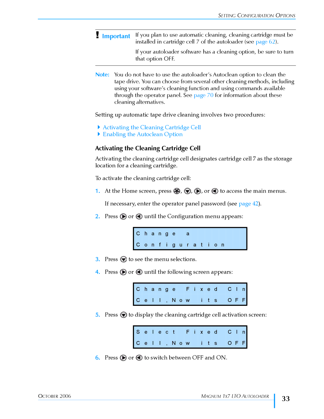 Exabyte 1X7 LTO manual Activating the Cleaning Cartridge Cell, That option OFF 