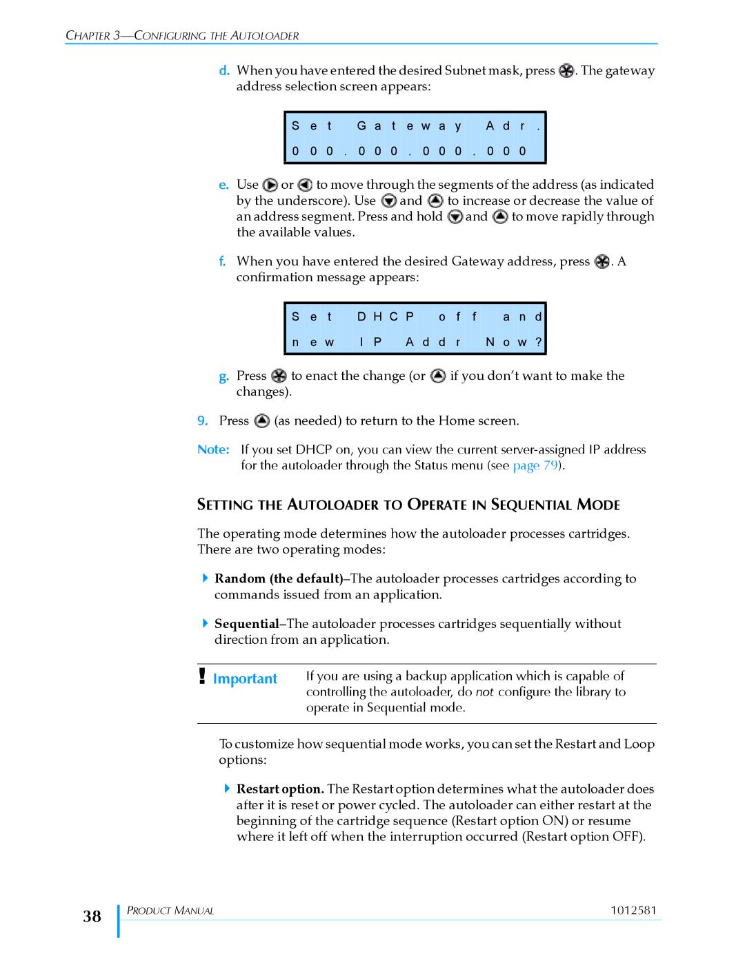 Exabyte 1X7 LTO manual Setting the Autoloader to Operate in Sequential Mode, Operate in Sequential mode 