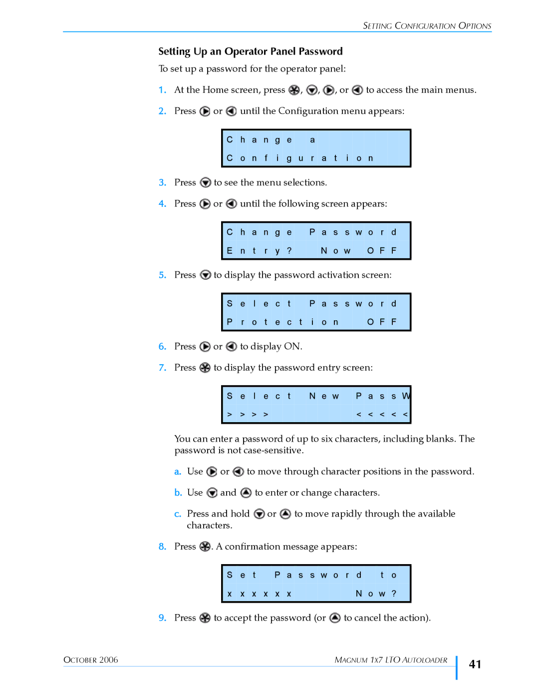 Exabyte 1X7 LTO manual Setting Up an Operator Panel Password 