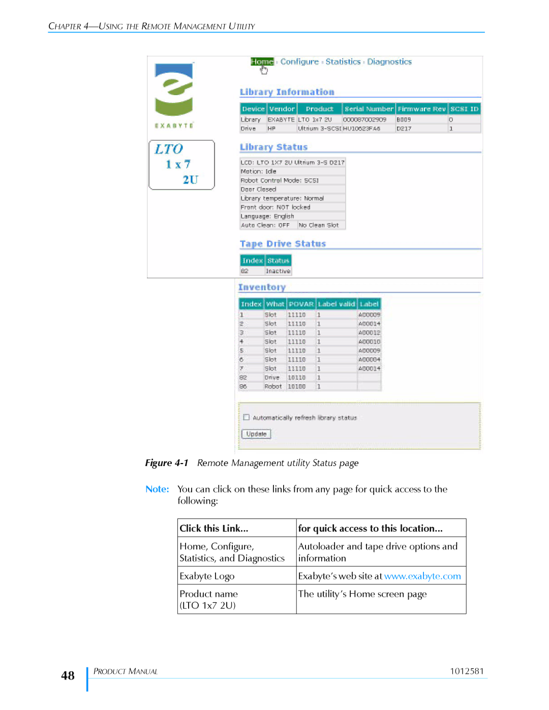 Exabyte 1X7 LTO manual 1Remote Management utility Status, Click this Link For quick access to this location 