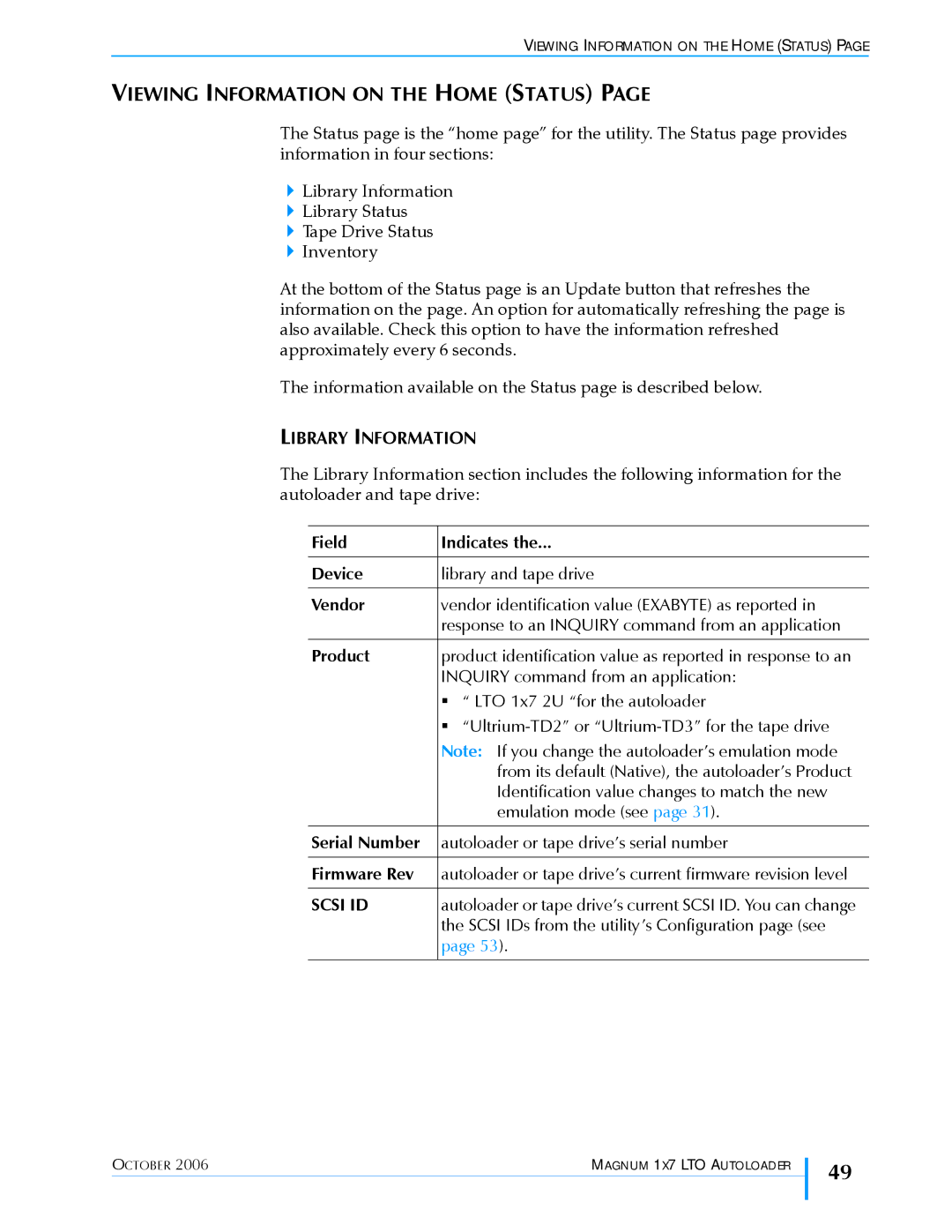 Exabyte 1X7 LTO manual Viewing Information on the Home Status, Library Information, Scsi ID 