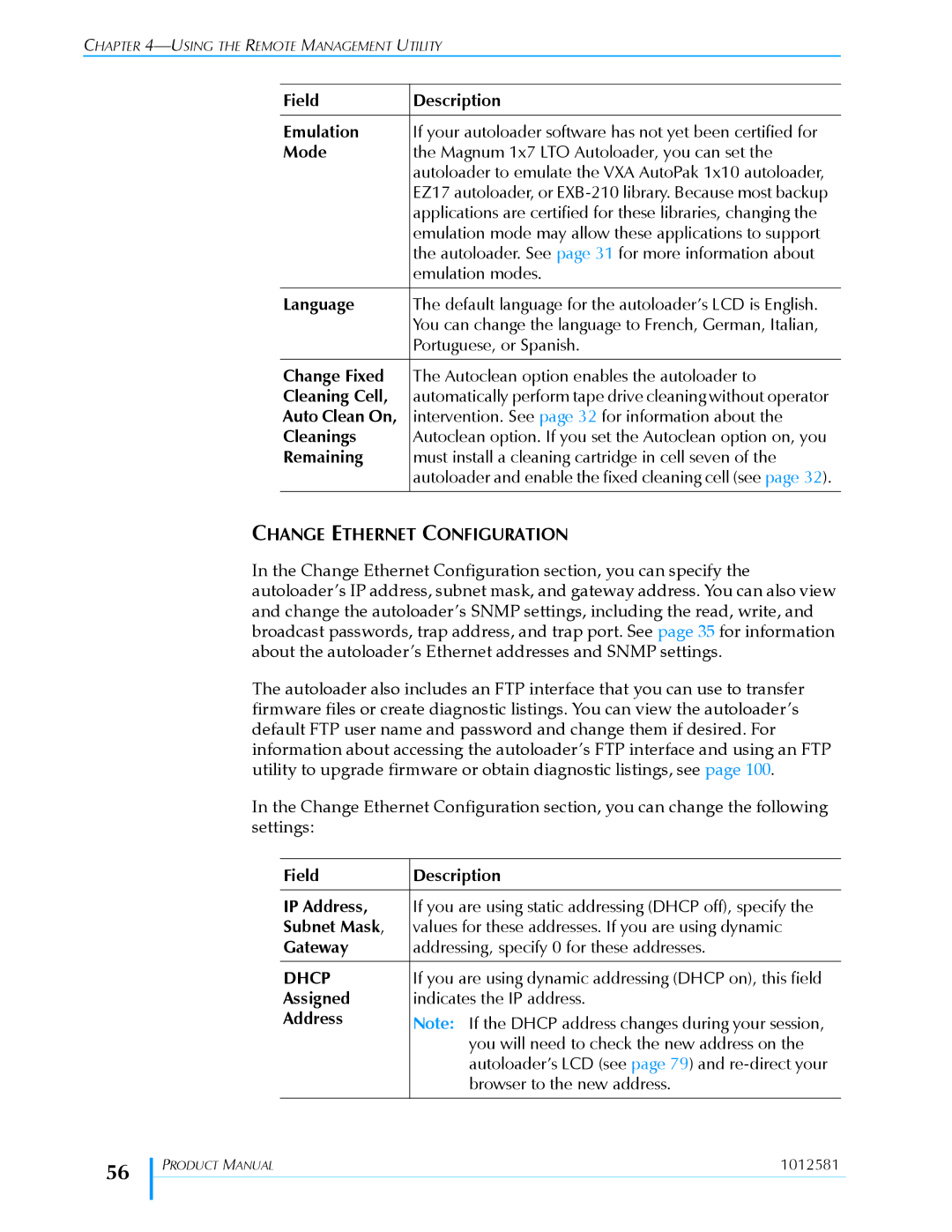 Exabyte 1X7 LTO manual Change Ethernet Configuration, Dhcp 