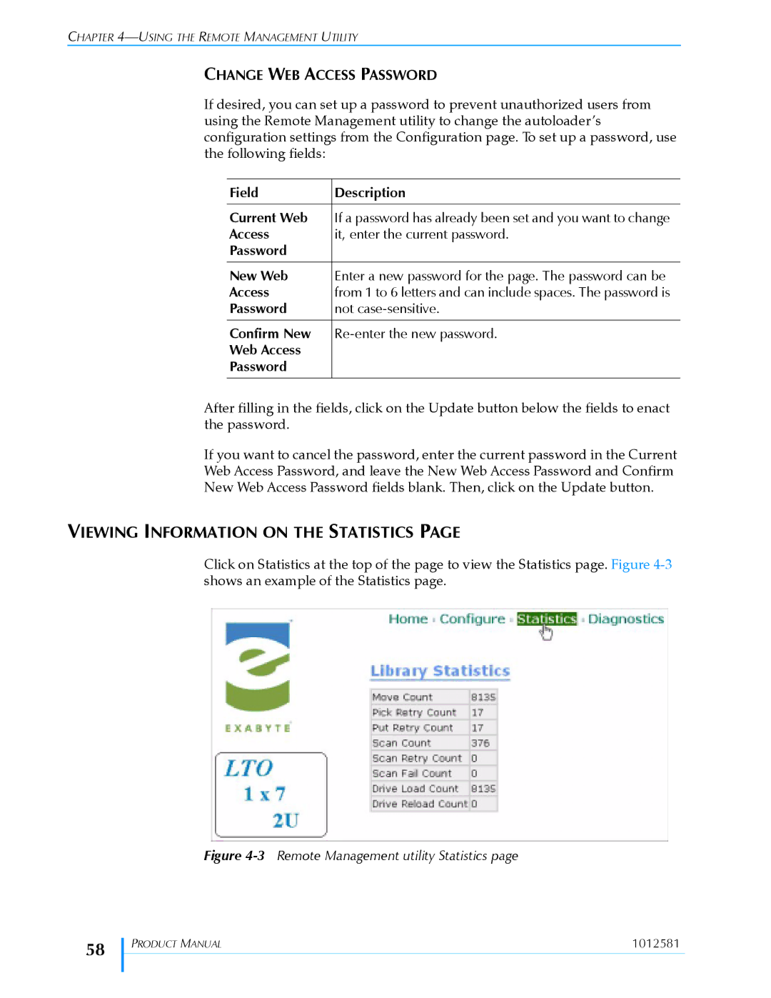 Exabyte 1X7 LTO manual Viewing Information on the Statistics, Change WEB Access Password, Field Description Current Web 