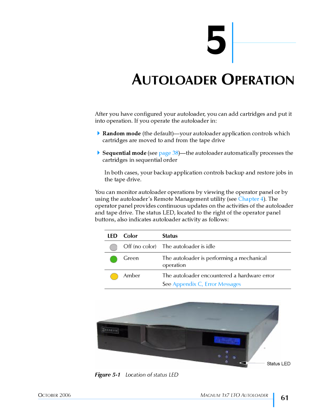 Exabyte 1X7 LTO manual Autoloader Operation, 1Location of status LED 