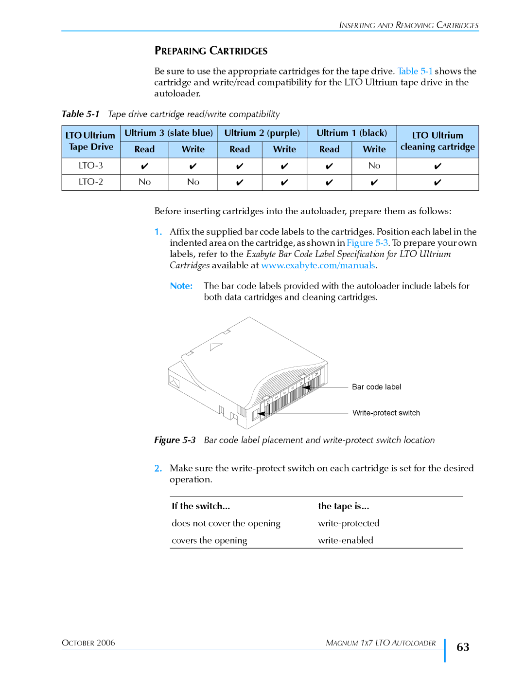 Exabyte 1X7 LTO manual Preparing Cartridges, Ultrium 2 purple Ultrium 1 black LTO Ultrium Tape Drive, If the switch Tape is 