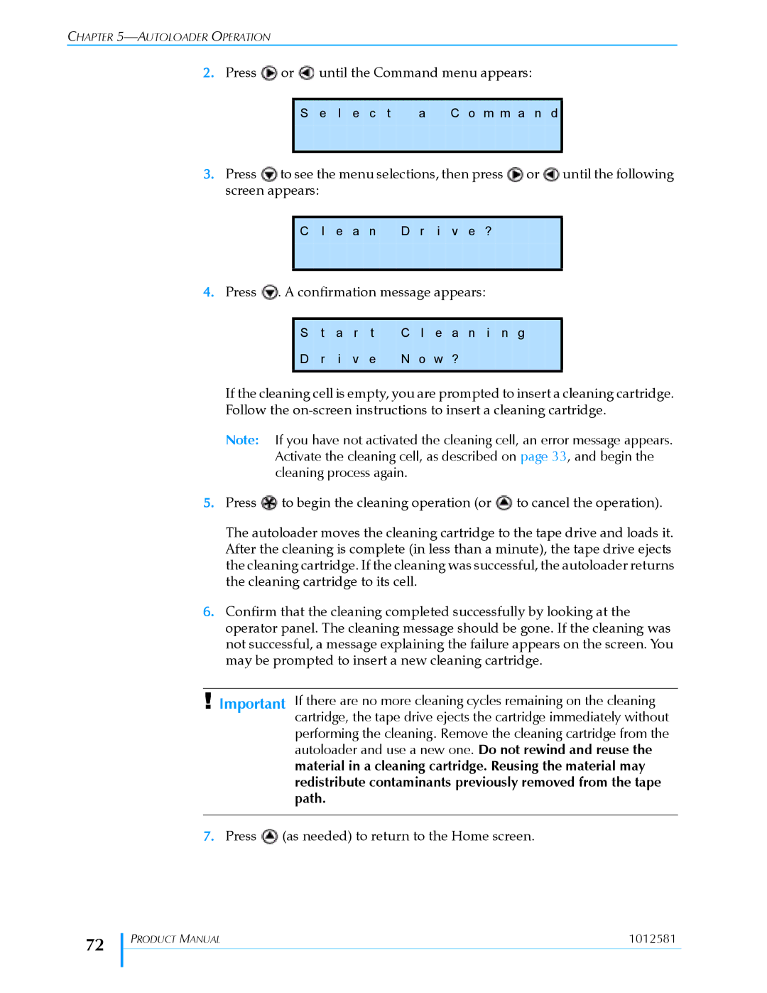 Exabyte 1X7 LTO manual Cleaning process again 