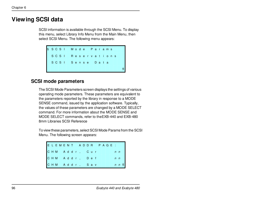 Exabyte 480, 440 manual Viewing Scsi data, Scsi mode parameters 