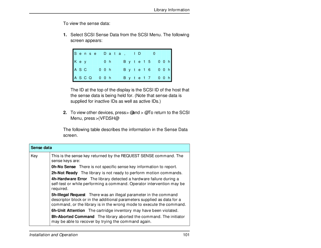 Exabyte 440, 480 manual Sense data 