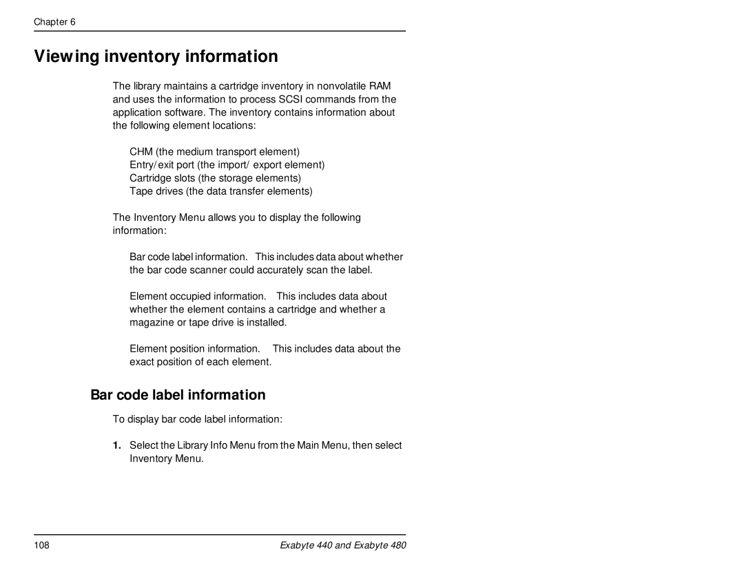 Exabyte 480, 440 manual Viewing inventory information, Bar code label information 